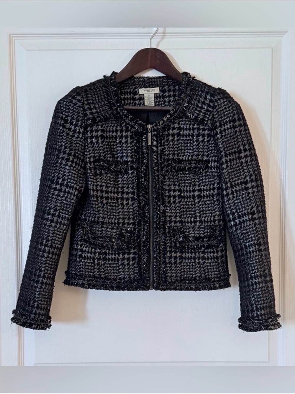 Vertigo Paris Black and Gray Tweed Zip-Up Jacket